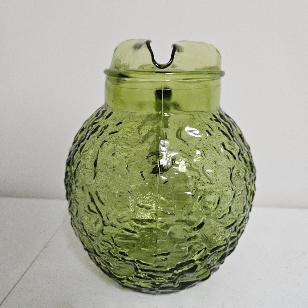 Vintage Anchor Hocking Pitcher 3 QT Glass Avocado Green Lido Milano Pattern EUC - Picture 3 of 9